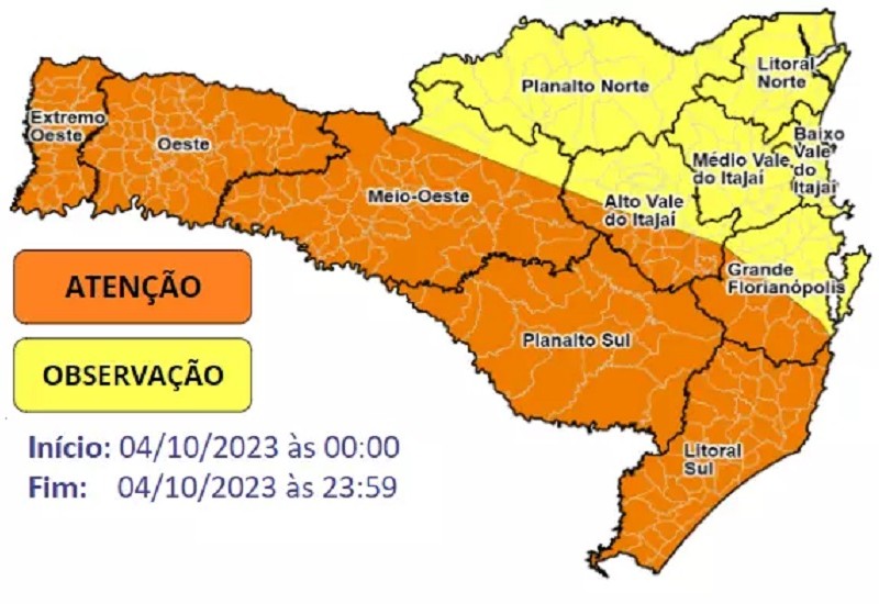 Nas regiões que estão em laranja no mapa o risco é considerado alto para enxurradas, alagamentos e deslizamentos – Foto: Defesa Civil/Divulgação